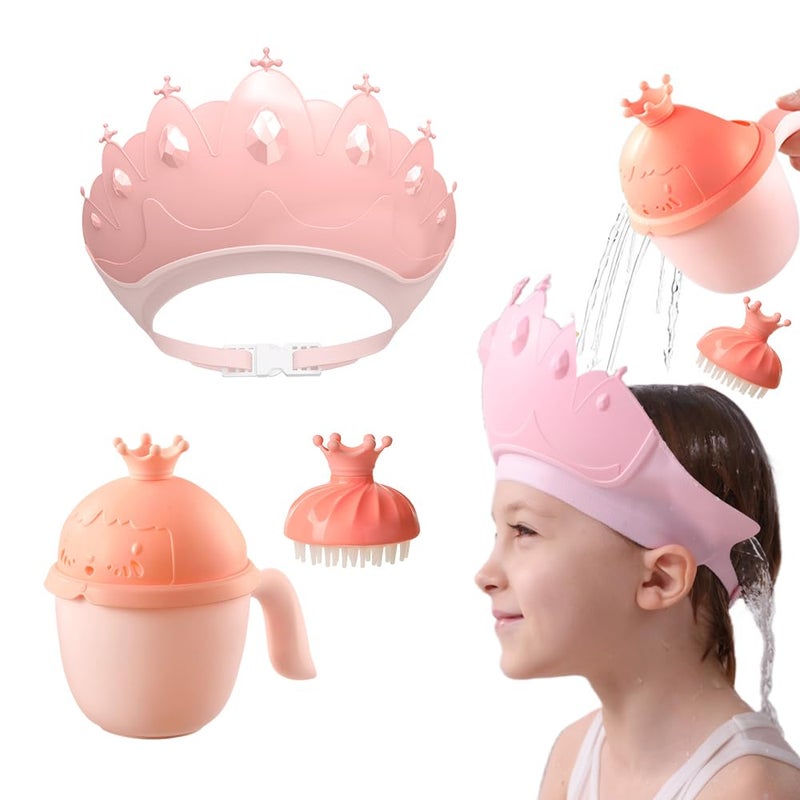 Thcbme Baby Shower Cap Shield, Baby bath set shower cap/water cup/massage brush,Visor Hat for Eye and Ear Protection for 0-9 Years Old Children,Cute Crown Shape Makes the Baby Bath More Fun (Pink) - Image 1